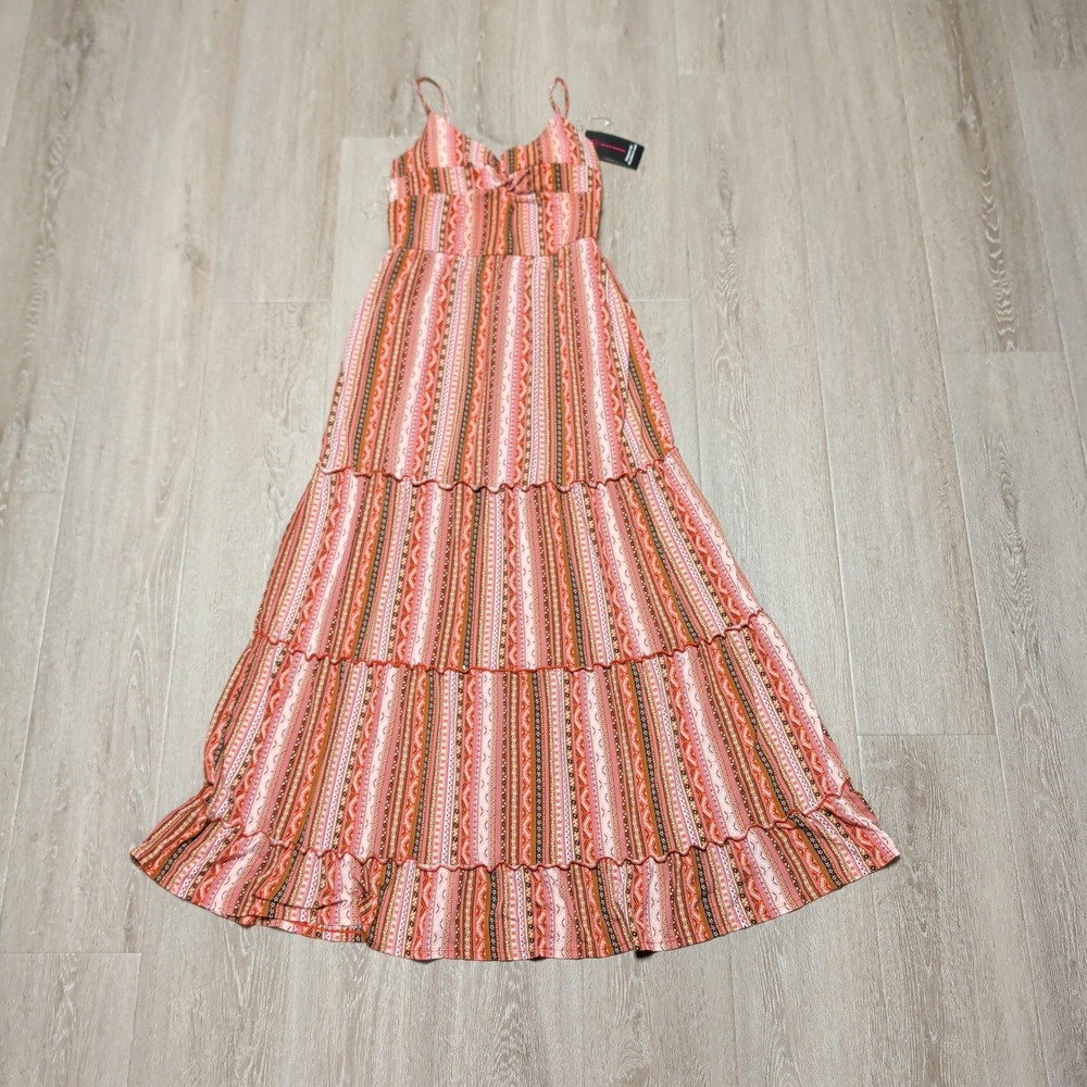 No Boundaries Womens M Terracotta Pink‎ Geometric Stripe Knot Front Maxi Dress